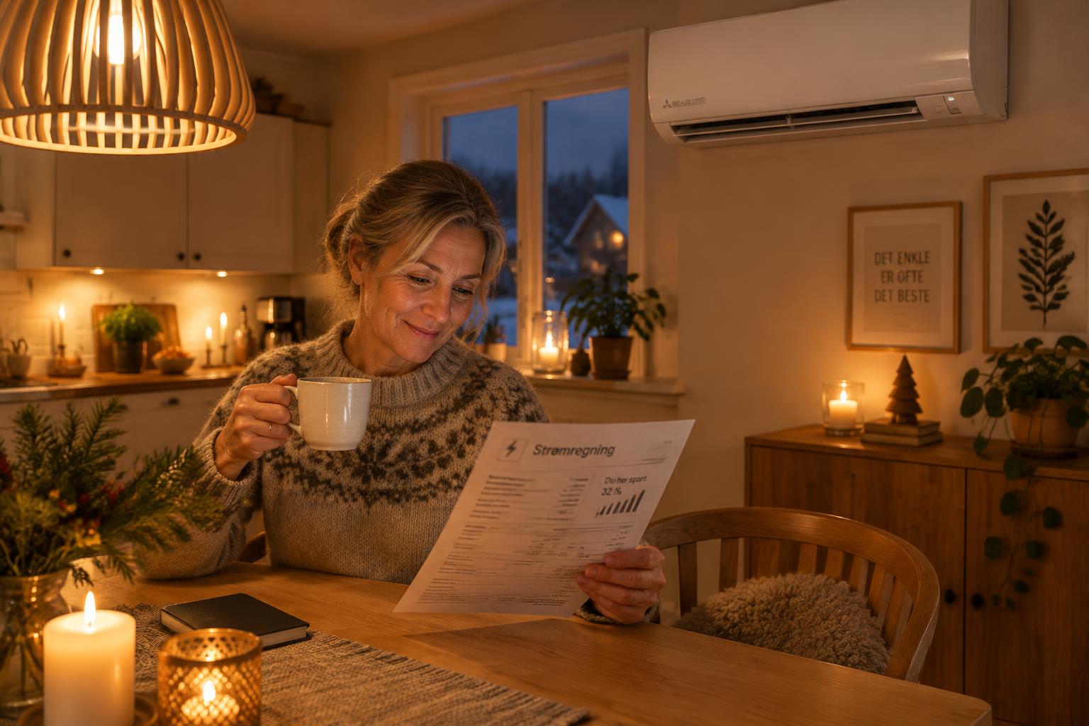 Kvinde med kaffe læser sin elregning i et lunt køkken med varmepumpe på væggen