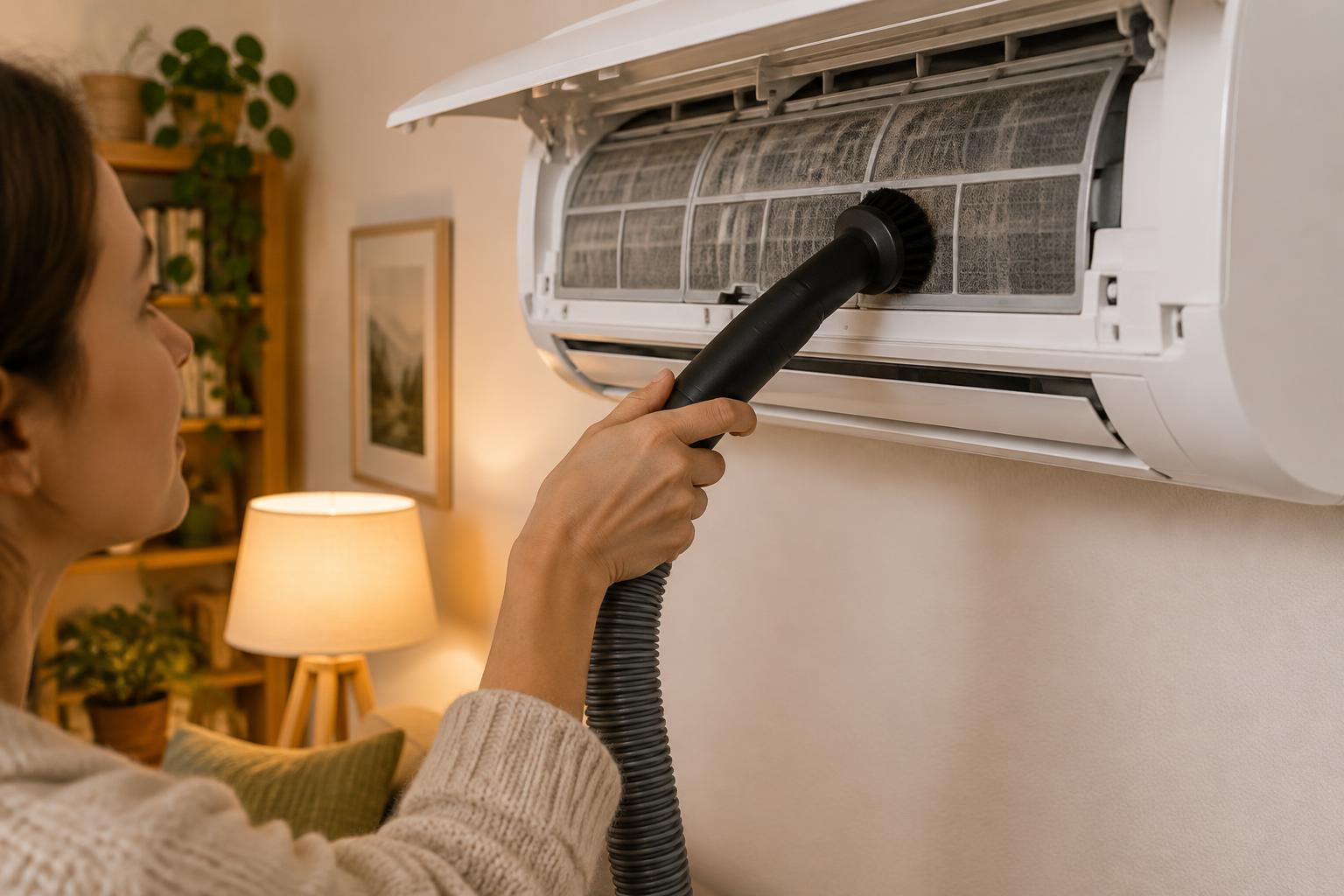 Støv støvsuges forsigtigt af filteret i en luft-til-luft varmepumpe
