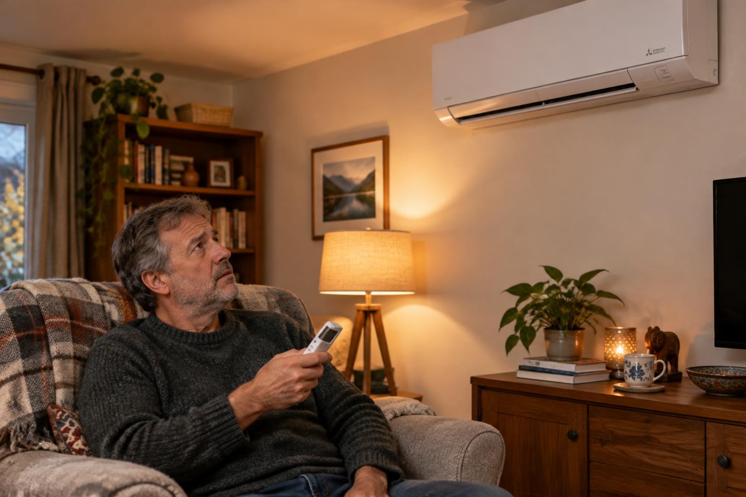 Mand med fjernbetjening kigger op på sin varmepumpe i en lun stue