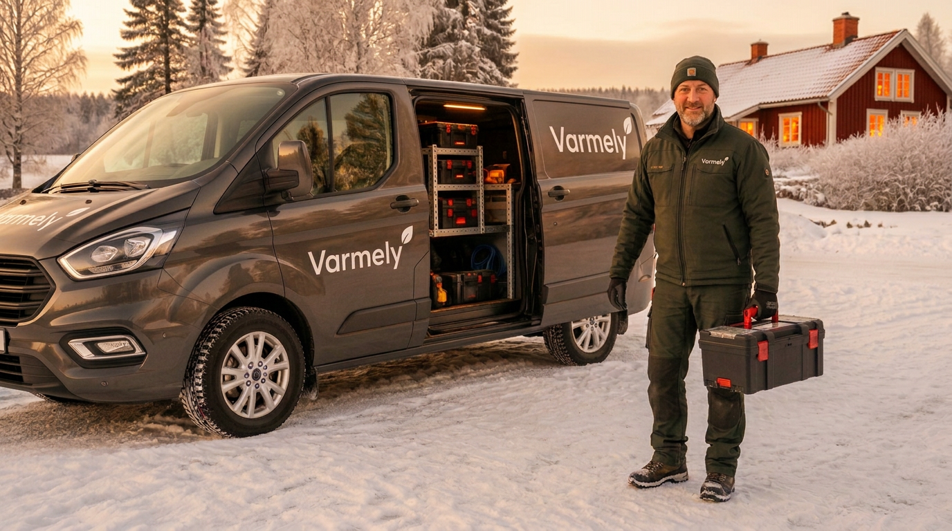Håndværker fra Varmely står med en værktøjskasse i hånden ved siden af den mørke varebil med åben sidedør og professionelt værktøj i vinterligt landskab